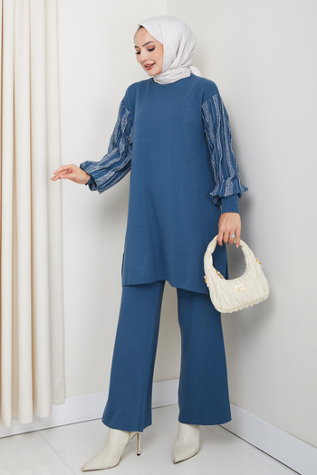 FERHEL Sleeve Glitter Stripe Detailed Steel Knitted Comfortable Fit Women's Tunic and Trouser Knitwear Set