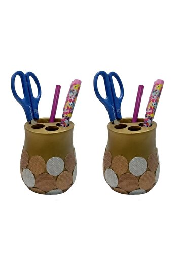 Bosphorus 2 Pcs Pen Holder Golden Points Polyresin Office Supplies 9X9X10Cm