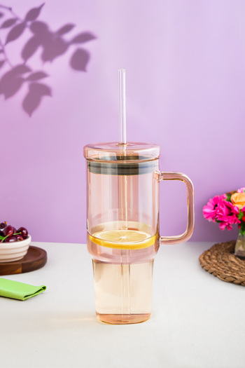 Porsima 3483-1 Vacuum Lid Glass Thermos Mug with Straw and Handle 900ml