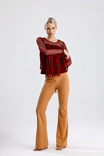 Sense Tasseled Scuba Crepe Tulle Blouse |   Blz33372 Burgundy