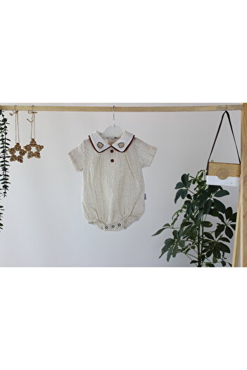 genybaby Baby Boy Short Sleeve Summer Romper with Teddy Bear Collar – Comfortable Cotton Design