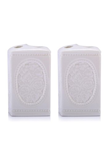 Bosphorus 2 Pieces Pen Holder with Flower Square Model Ceramic Office Supplies 8X8X11Cm
