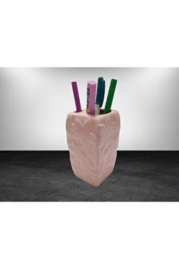 Bosphorus 2 Pieces Pen Holder with Flowers Pink Model Ceramic Office Supplies 7X7X12Cm