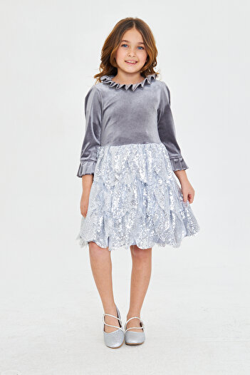zühre balaban Grey Velvet Sequined Girl's Evening Dress Birthday Dress