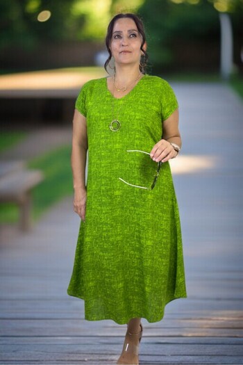 yagmurberen Short Sleeve V-Neck Comfortable Fit Cotton Viscose A-Line Plus Size Dress