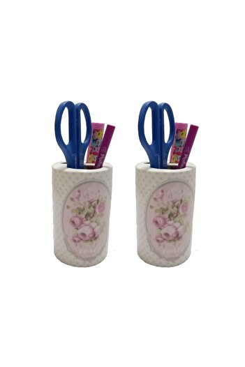 Bosphorus 2 Pieces Pen Holder with Spring Pattern Ceramic Office Supplies 7X7X11Cm