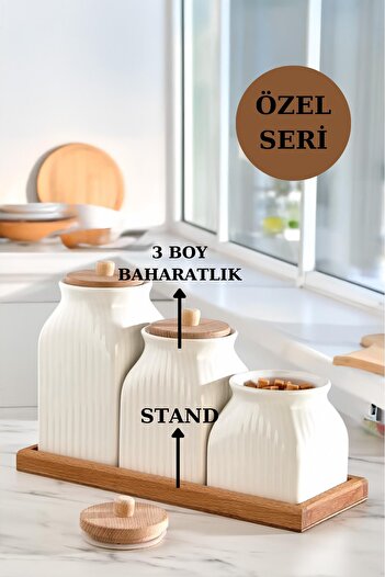 İLİVA Set of 4 White Jars with Vacuum Wooden Lids and Stands, Spice Tea Salt Sugar Coffee Jars