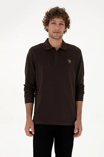 U.S. Polo Assn. Ανδρικό φούτερ με κανονική εφαρμογή με λαιμόκοψη πόλο σε σκούρο καφέ βασικό χρώμα 50313772-VR084