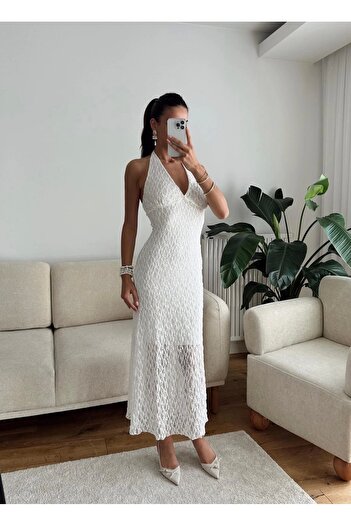 Zoom Butik Boyun Bağlamalı Dantel Elbise - BEYAZ