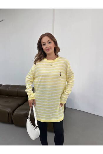 Lamierra Labubu Striped Soft Embroidered Women's Knitwear Sweater
