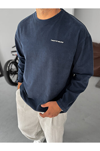 BYBASICMAN Navy Blue Washed Embossed Sweatshirt Tw-7023