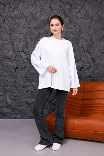 Moda Palmiss Women's White Supreme Fabric Oversize Long Basic Blouse