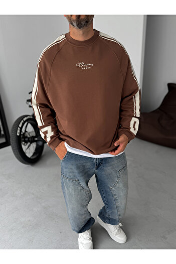 BYBASICMAN Kahve Champions Baskılı Parçalı Sweatshirt JJ-110