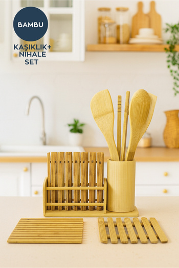 HOMİNG Bamboo Kitchen Set Spoon Rest Spatula Tongs 242220