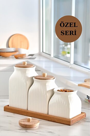 İLİVA Set of 4 White Jars with Vacuum Wooden Lids and Stands, Spice Tea Salt Sugar Coffee Jars