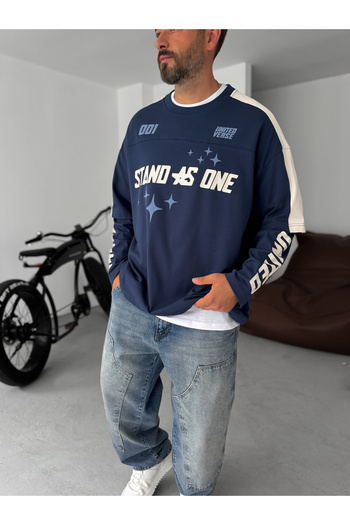 BYBASICMAN Navy Blue Stand Printed Patchwork Sweatshirt Jj-111