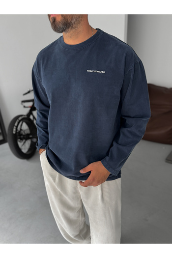 BYBASICMAN Navy Blue Washed Embossed Sweatshirt Tw-7023