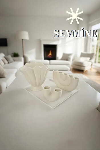 SEVMİNE ✨   Cream Balance 3-Piece Vase & Candle Holder Set – Bohemian & Scandinavian Cream Table Decor
