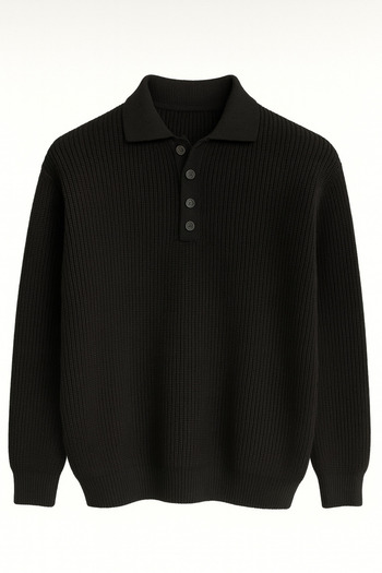 Valiberta Oversize Thessaloniki Knitted 4 Button Half Placket Comfortable Fit Men's Knitwear Sweater - Black