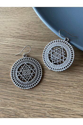 dela otantik Silver Color Large Dangle Earrings with Sri Yantra Pattern - Spiritual Bohemian Authentic Bijouterie Jewelry