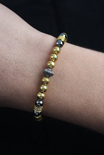 BESKAR Natural Stone Circle Model Gold and Smoked Color Men's Bracelet with Elevator
