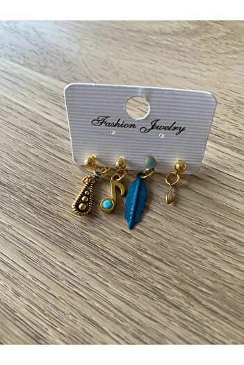 dela otantik Bohemian Style Mixed Earrings Set - Musical Note Feather and Tribal Pattern - Handmade Gold Color Authentic Bijouterie Jewelry