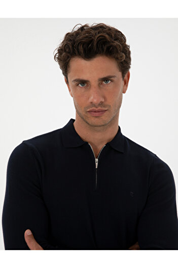 Pierre Cardin Navy Blue Slim Fit Polo Neck Zippered Basic Knitwear Sweater 50315406-Vr033