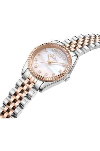 Police Flute Women's 28mm Watch with White Mother-of-Pearl Dial, Rose Gold Coin-Edged Topring & 316L