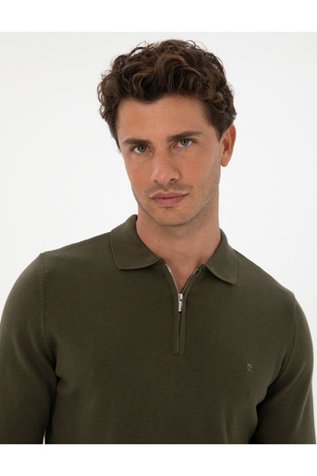 Pierre Cardin Dark Khaki Slim Fit Polo Neck Zippered Basic Knitwear Sweater 50315406-Vr111