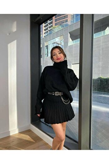 hiraz fashion Women's Black High-Necked Knitwear Set with Skirt