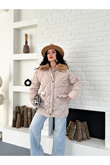 OTAKU Women's Winter Double Pocket Fur Collar Quilted Coat