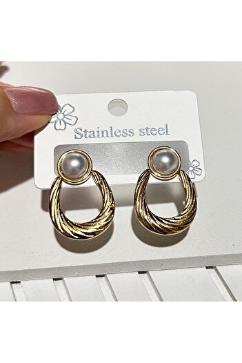 juleeco Pearl Detail Gold Oval Steel Earrings (2.5X2Cm)