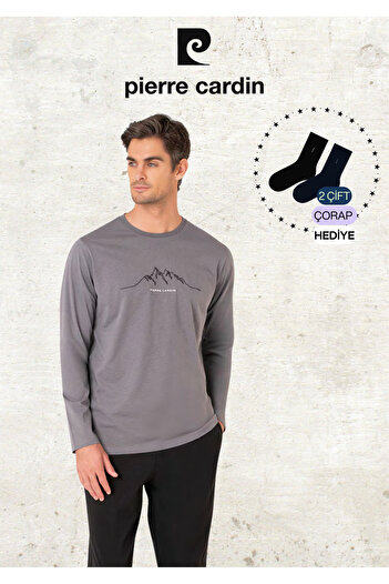 Pierre Cardin Men's Clothing 100% Cotton Long Sleeve Dark Gray Pajama Set (2 Gift Socks) L1.Pc.6101.001