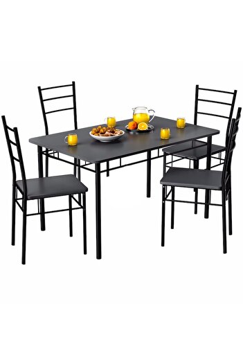 Casaria Set de masă, 5 piese, masă 110x68x74,5 cm cu 4 scaune 37 x 44 x 86,5 cm, cadru metalic, blat MDF, negru
