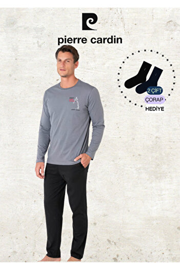 Pierre Cardin Men's 100% Cotton Long Sleeve Printed Dark Gray Pajama Set (2 Gift Socks) L1.Pc.6103.001