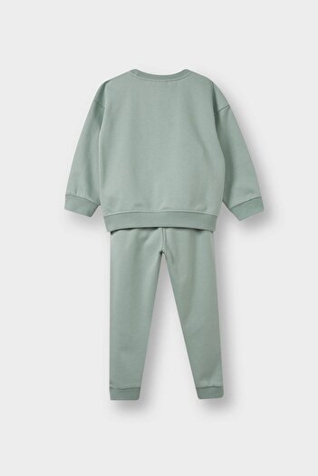 DeFacto E8995 Yeşil Kız Bebek 2'li Takım İçi Yumuşak Tüylü Baskılı Sweatshirt Eşofman Altı