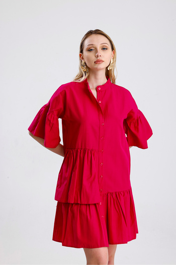 Sense Button Front Short Sleeve Dress |   Elb34244 Fuchsia