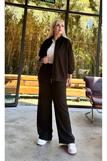 Butik Nilyam Women's Plus Size Flexible Judge Collar Cardigan and Sweatpants Set with Pockets 24901