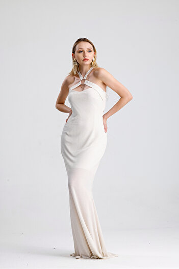 Sense Ring Detailed Evening Dress |   Elb14716 Ecru