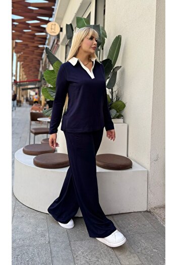 Butik Nilyam Women's Plus Size Shirt Collar Detailed Blouse Flexible Pants Set 24905