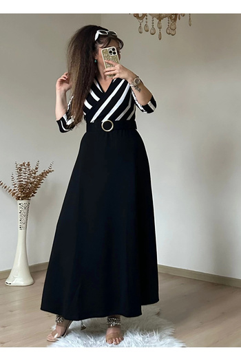 azra moda White Striped Ring Belted Knitwear Dress