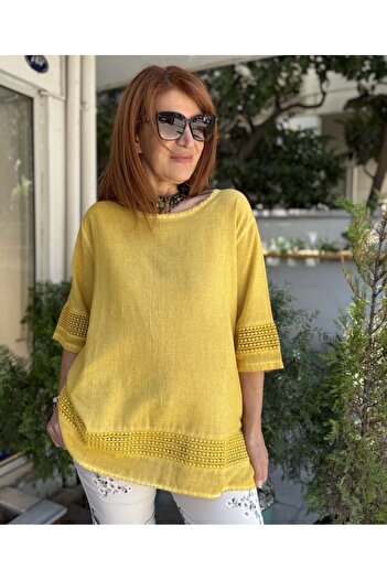 DenizEge Guipure Detailed Cotton Blouse Yellow