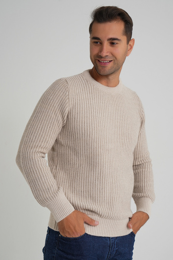 Trist Star Trist Star Men's Beige Mink Striped Cycling Selanik Wool Sweater Trist-5351