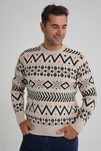 Trist Star Trist Star Men's Beige Jacquard Patterned Cycling Collar Christmas Wool Sweater Trist-5348