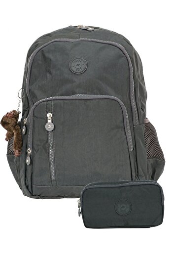 Pippa Crinkle Fabric School Bag and Two-Compartment Pencil Case (Girls and Boys - Dark Gray - Setppcnt8030-05)