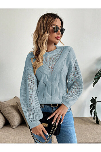 AQE FASHION Tricotaj pentru femei cu mâneci ajurate, cu model din plasă, cu gât cu decolteu, tricotaj pentru păr, pulover, albastru bebeluș
