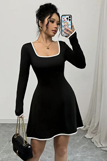 missamour Women's U-Neck White Ribbed Trendy Dress
