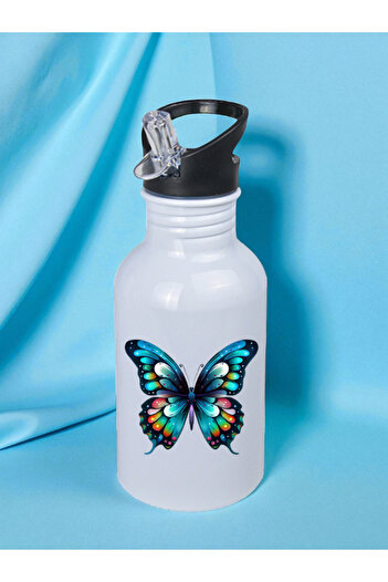 lili hediyelik Blue Butterfly Printed Water Bottle 600 ml - Sports Bottle, Large Water Bottle, Sports Bottle, Sports Bottles