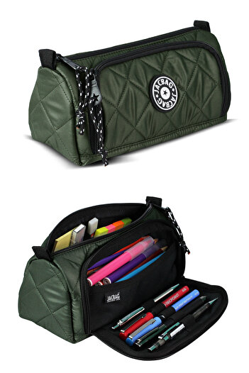 Jacbag Green Quilted Fabric Double Compartment Pen Holder Pencil Case Jac-69