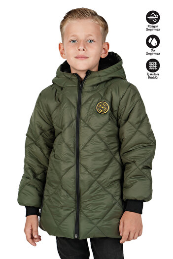 Merdia Boy's Water and Windproof Fur Lined Hooded Coat with Argyle Pattern